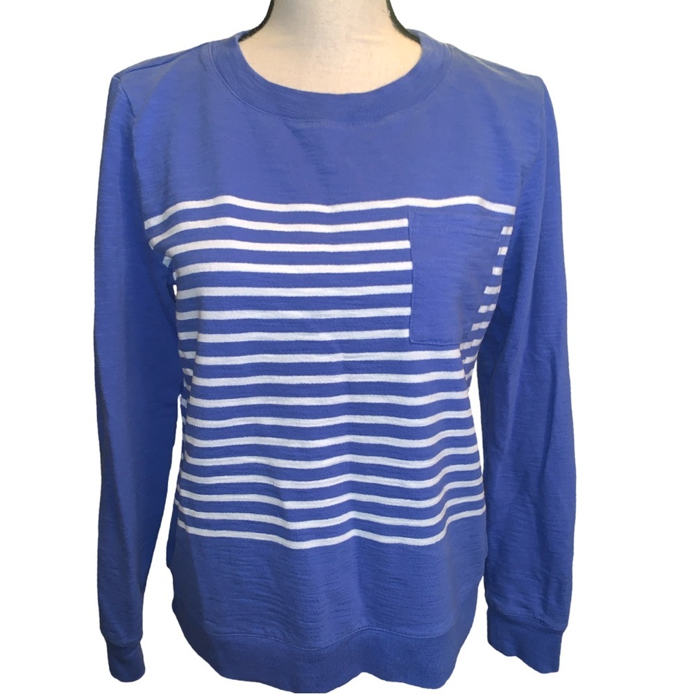 Talbots French Terry Slub Striped Blue White Lightweight Sweatshirt in Size S